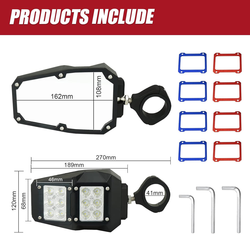 UTV Side Mirrors with Spotlight, 1.75-2 Roll Bar, Heavy Duty Aluminium J8347