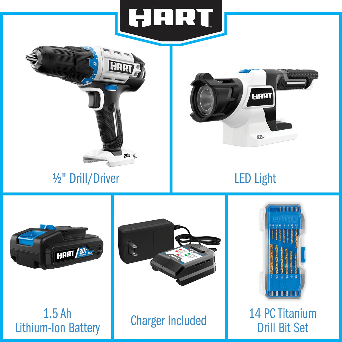 Cordless 1/2-inch Drill and LED Light Kit with 14-Piece Accessory Kit D9353