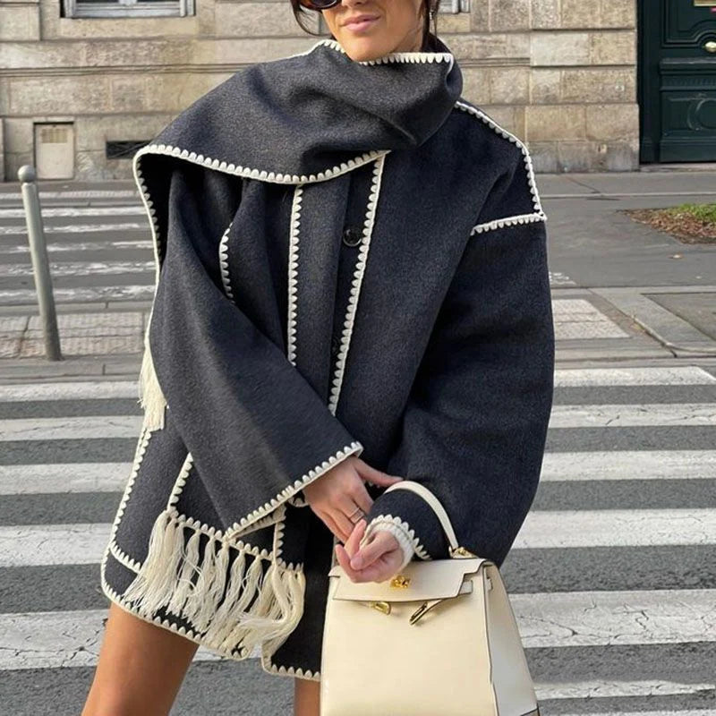 Draped Fringed Tassel Wool Blend Scarf Jacket Y20188