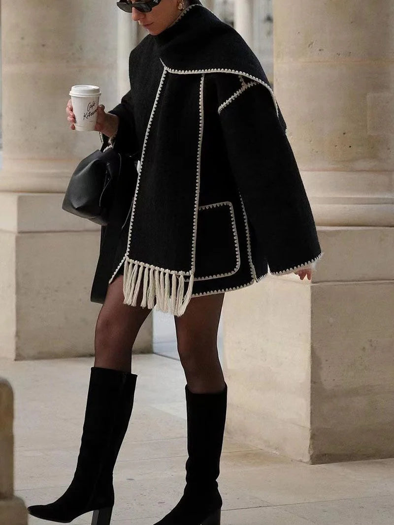 Draped Fringed Tassel Wool Blend Scarf Jacket Y20188