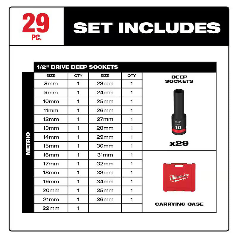 1/2 in. Drive Metric 6 Point Impact Socket Set 29-Piece B342