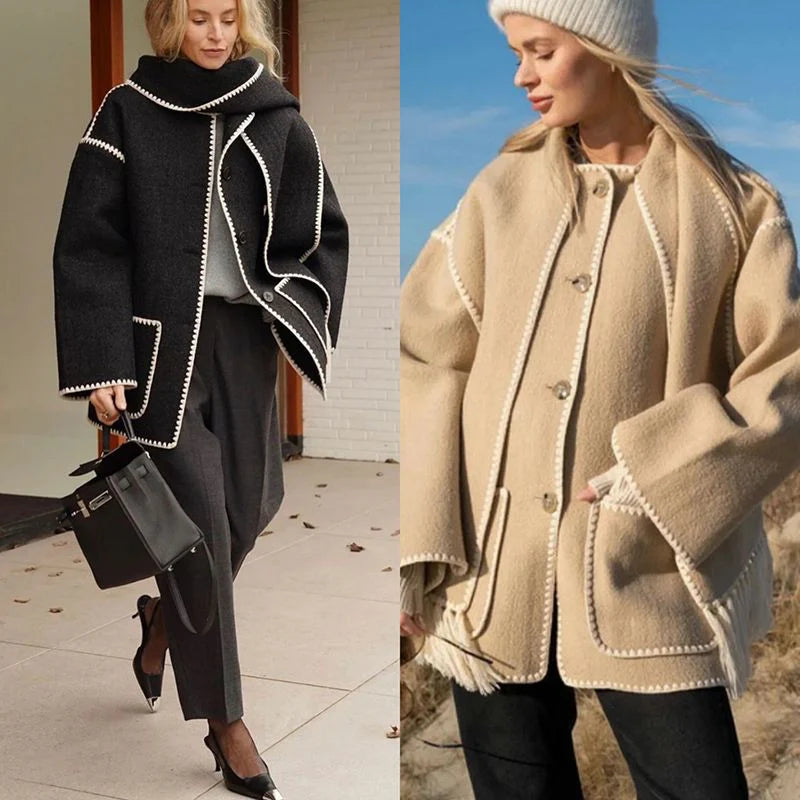 Draped Fringed Tassel Wool Blend Scarf Jacket Y20188