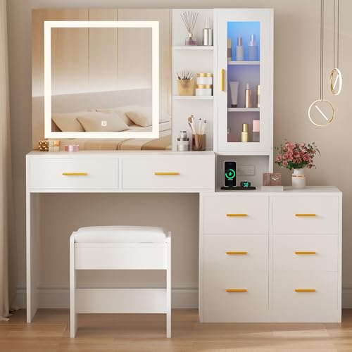 White 51.8" Makeup Vanity Desk with Mirror and Lights 8 Drawers Y31488