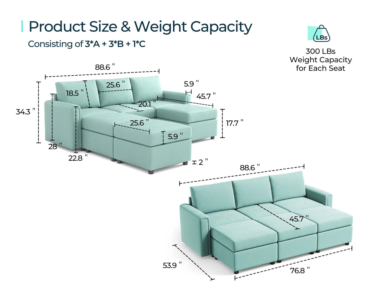 Teal Convertible Modular Sleeper Sofa Bed with Storage O777