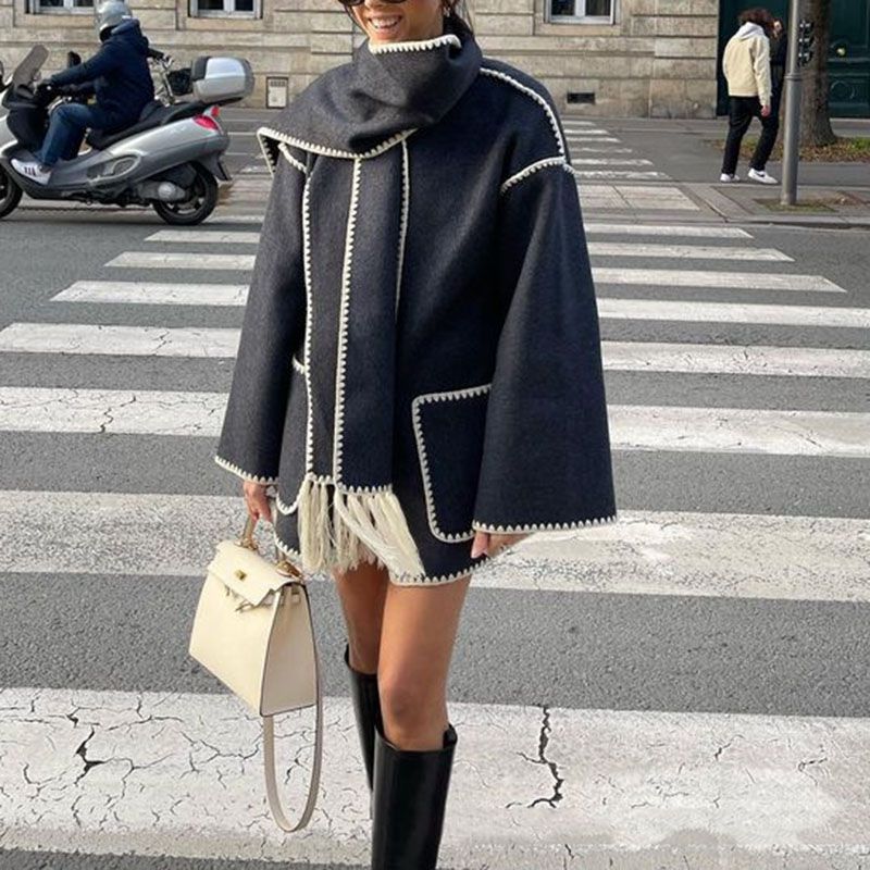 Draped Fringed Tassel Wool Blend Scarf Jacket Y20188