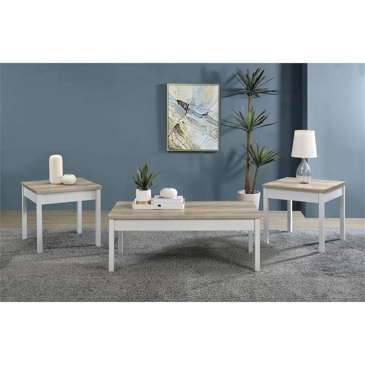 3-piece Pine and White Wood Coffee Table Set L1531