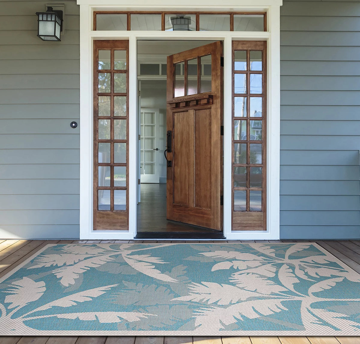Ivory-Turquoise Blue Indoor Outdoor Area Rug 3'9" x 5'5" Q7325