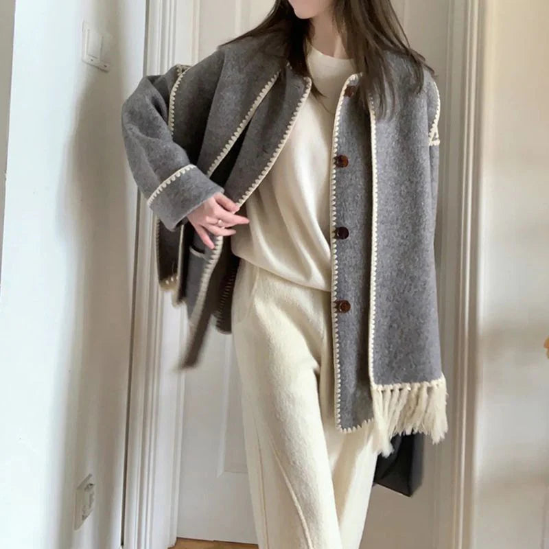 Draped Fringed Tassel Wool Blend Scarf Jacket Y20188