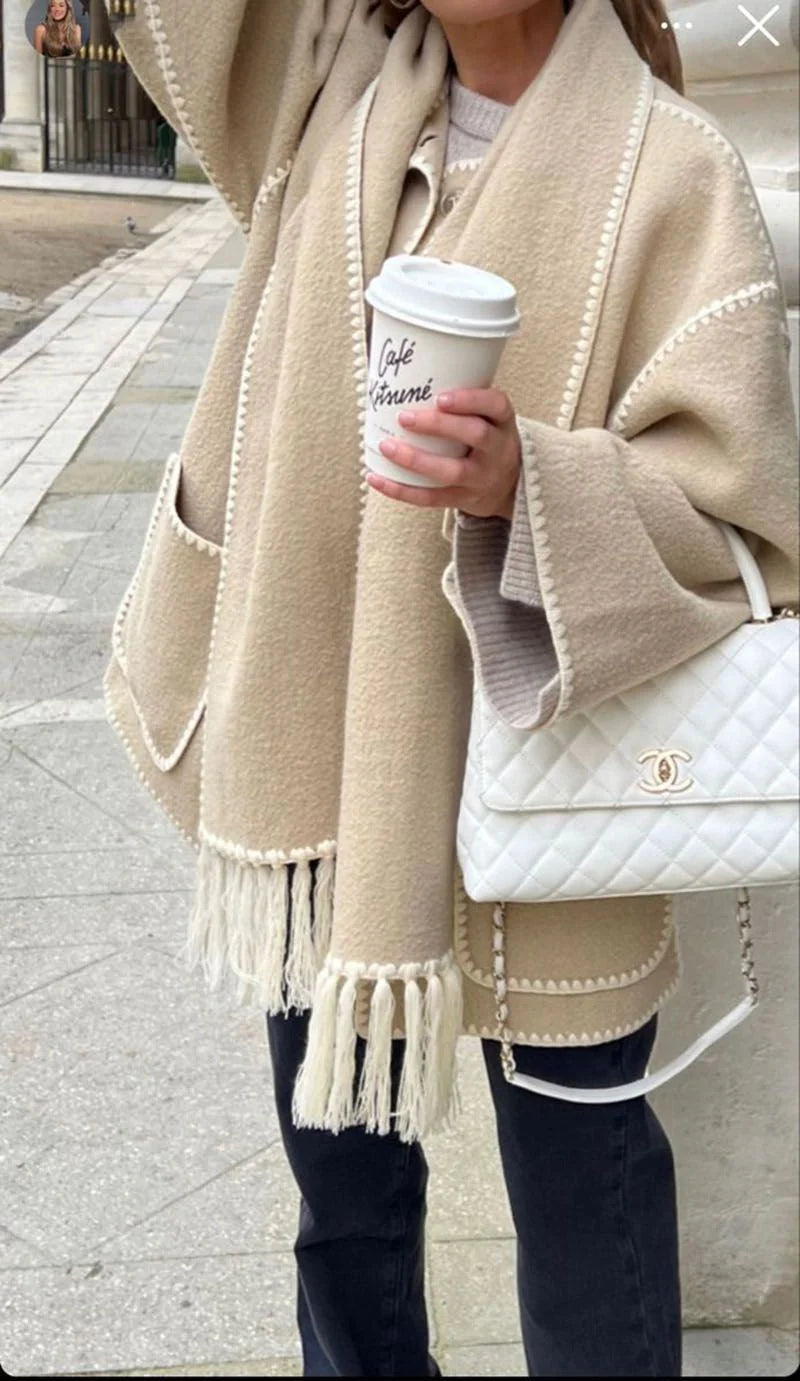 Draped Fringed Tassel Wool Blend Scarf Jacket Y20188