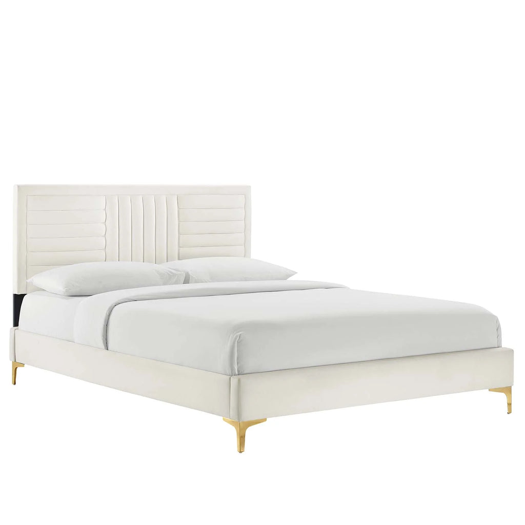 White Channel Tufted Velvet Twin Platform Bed M984334