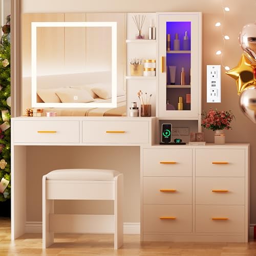 White 51.8" Makeup Vanity Desk with Mirror and Lights 8 Drawers Y31488