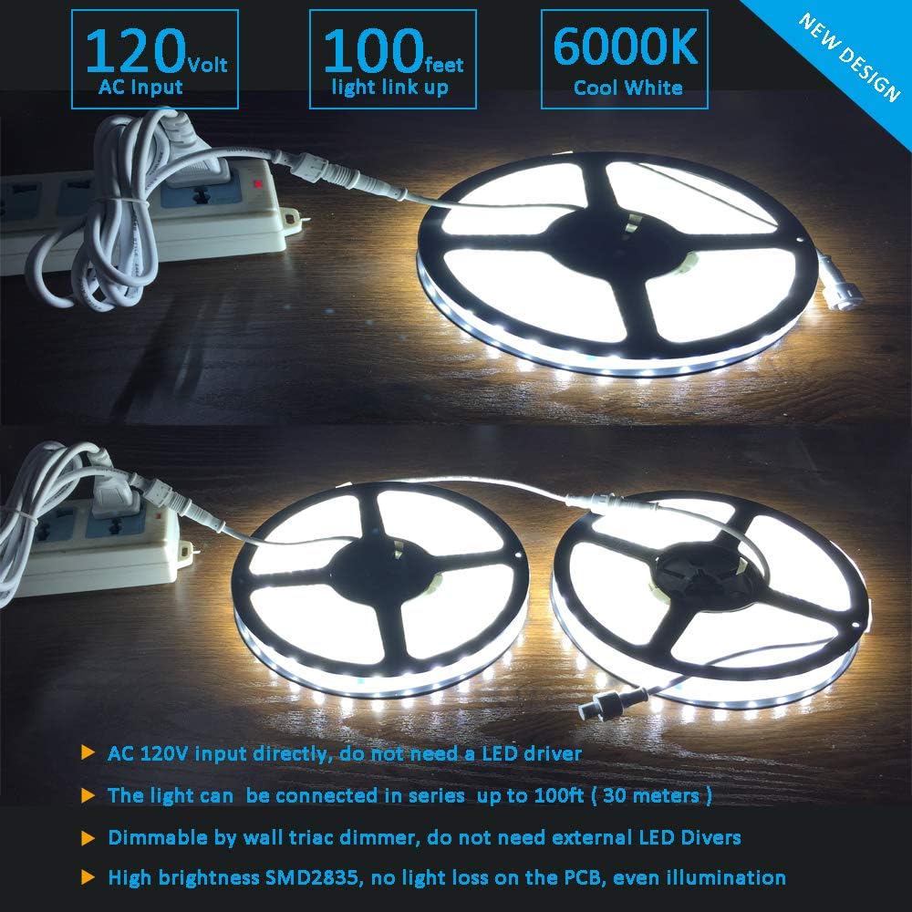 120V Dimmable Waterproof IP65 Cool White 6000K LED Strip Light C230