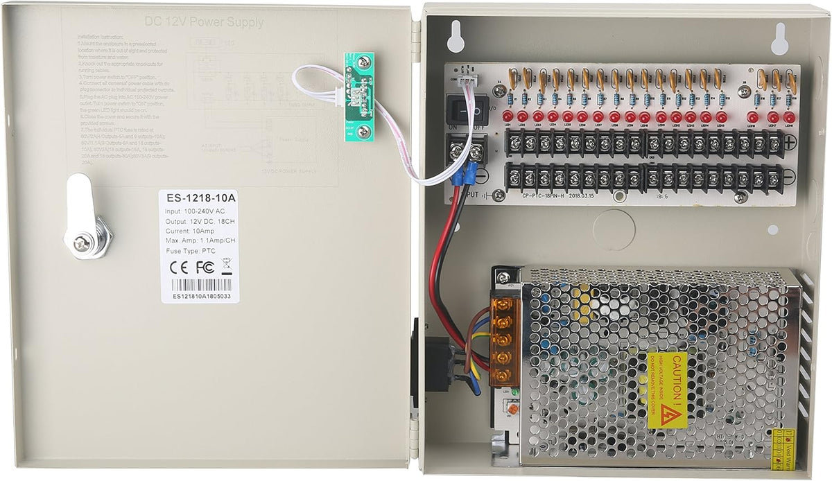 18 Channel DC12V 20 Amp Reset Fuse CCTV DC Distributed Power Box with AC Plug and Lock E4748