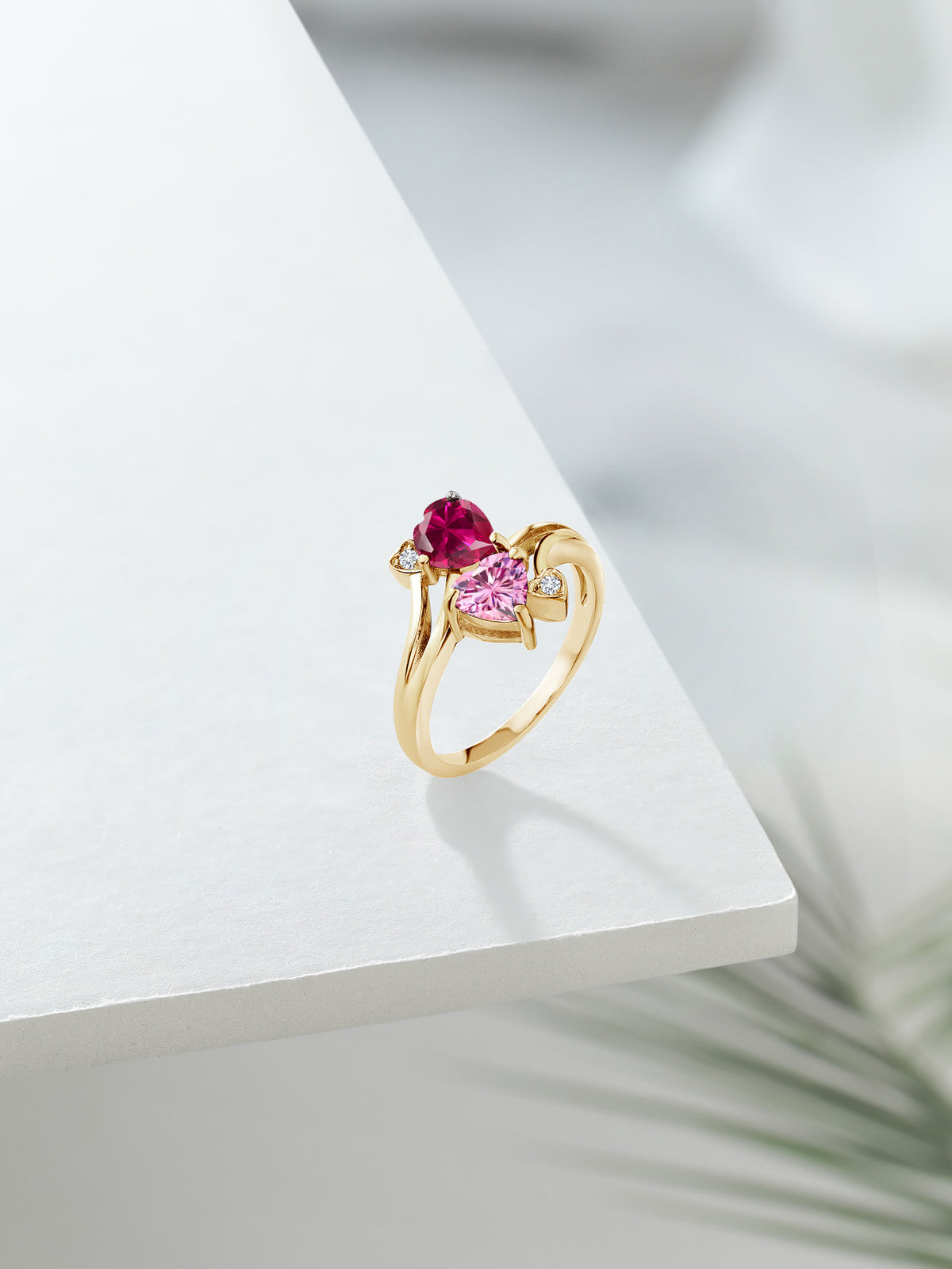 18K Yellow Gold Plated Silver Red Created Ruby Pink Moissanite White Diamond Ring I6213