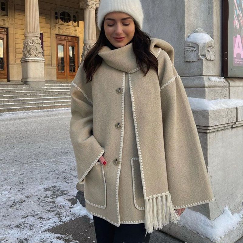 Draped Fringed Tassel Wool Blend Scarf Jacket Y20188
