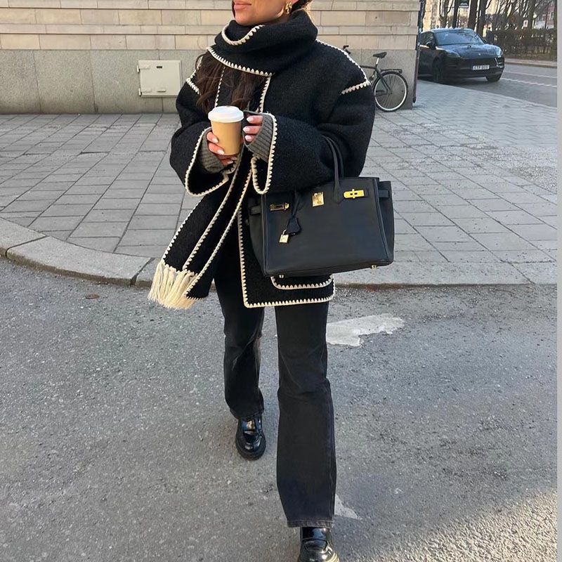 Draped Fringed Tassel Wool Blend Scarf Jacket Y20188
